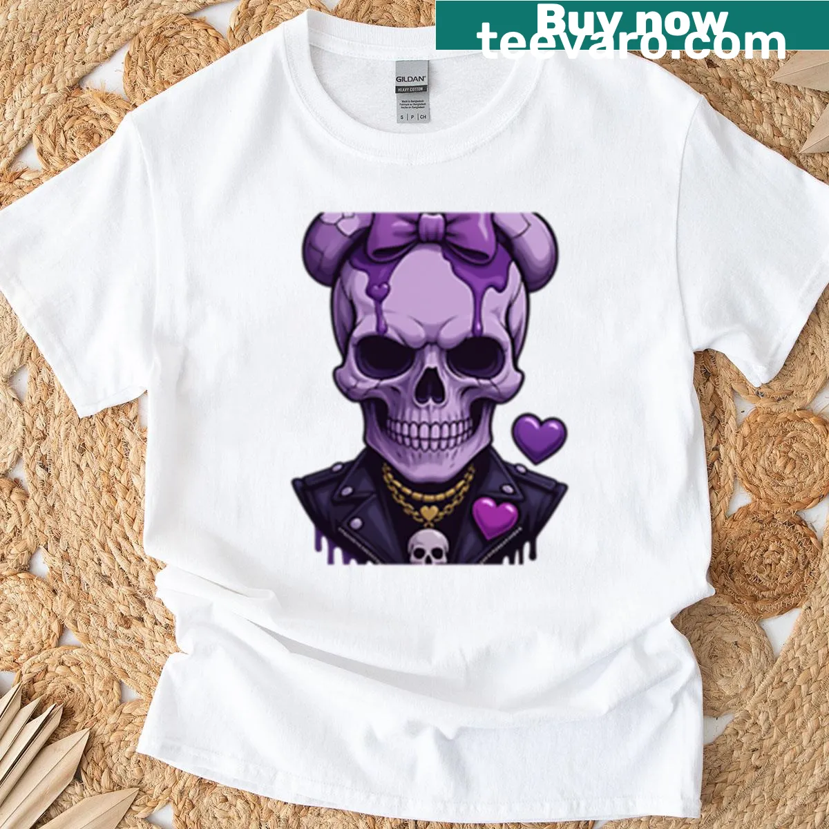 Gothic kawaii skull T-shirt with bow and leather jacket — on a men's t-shirt