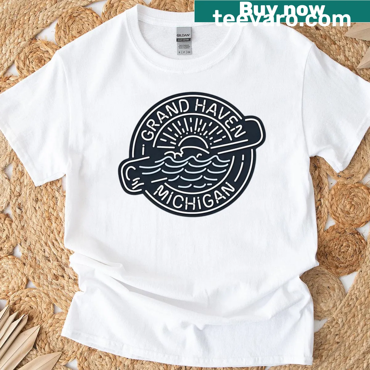 Neon badge t-shirt representing Grand Haven, Michigan — on a men's t-shirt