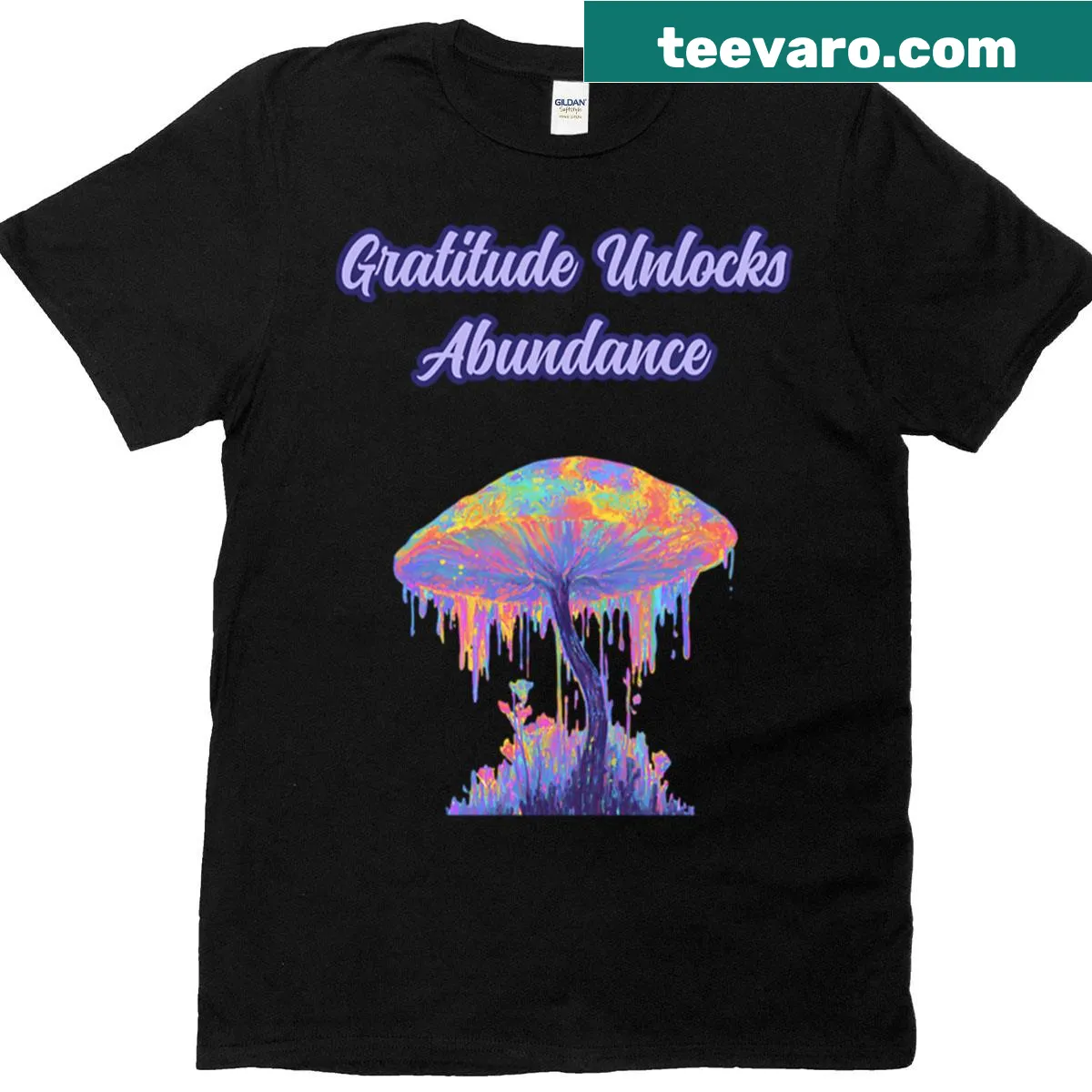 Psychedelic mushroom t-shirt with inspiring gratitude quote — on a men's t-shirt