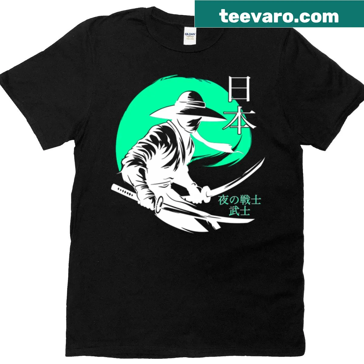 Illustrative green samurai T-shirt showcasing Japanese culture — on a men's t-shirt