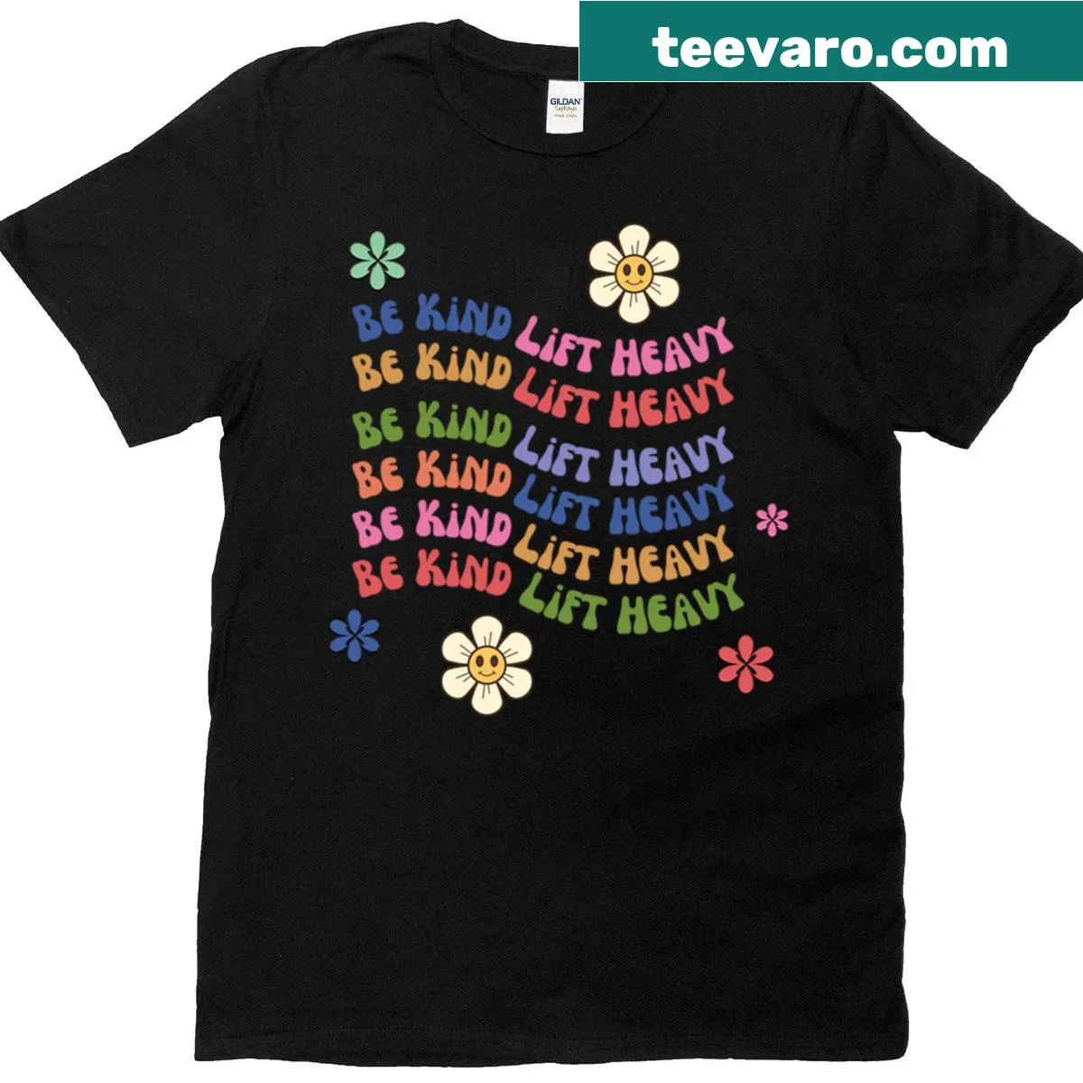 Weightlifter graphic with 'Be Kind' text in fun font — on a men's t-shirt