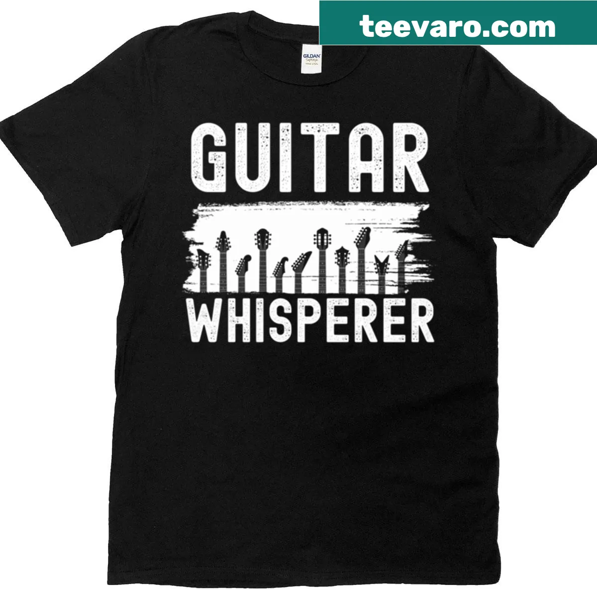 Funny T-shirt with 'Guitar Whisperer' text for musicians — on a men's t-shirt