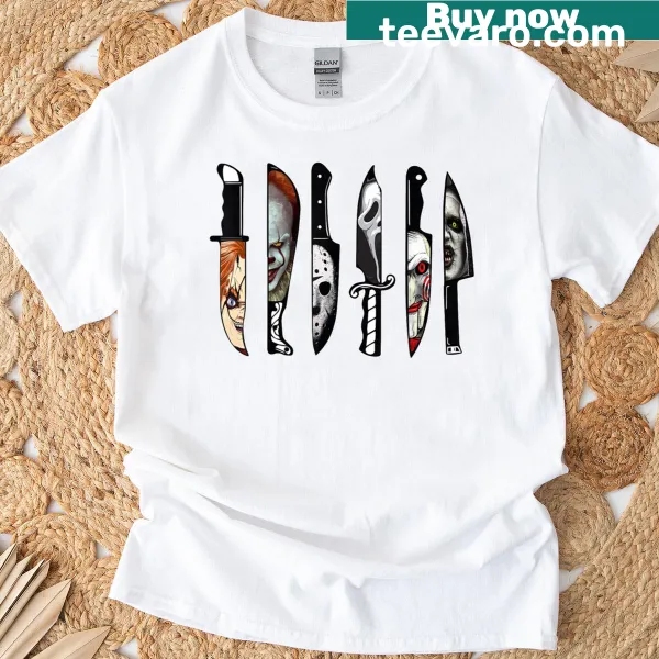 Horror movie characters holding knives for Halloween shirt.