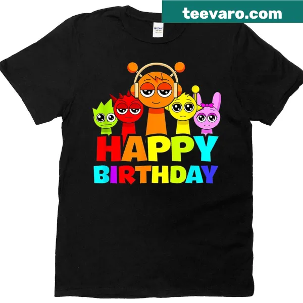 Funny birthday T-shirt featuring cartoon characters with names