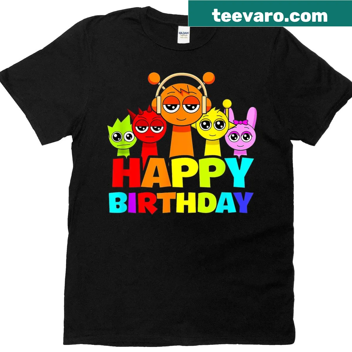 Funny birthday T-shirt featuring cartoon characters with names — on a men's t-shirt