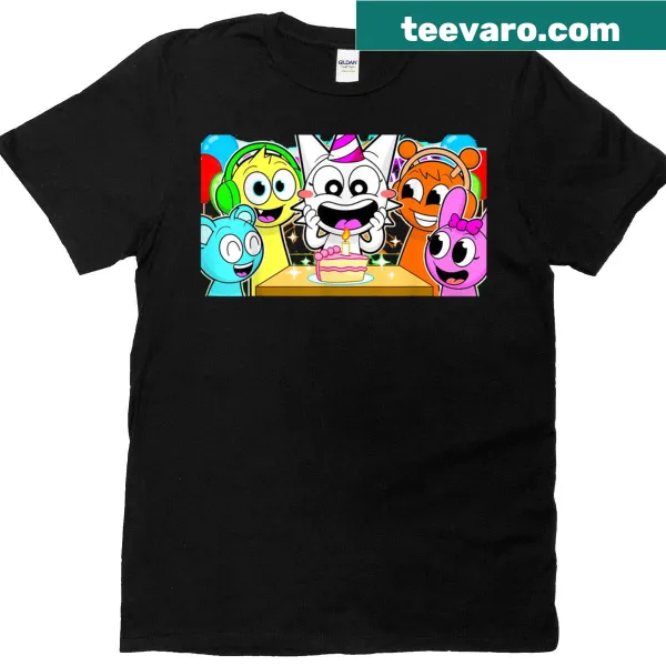 Fun birthday-themed T-shirt featuring Sprunky and friends