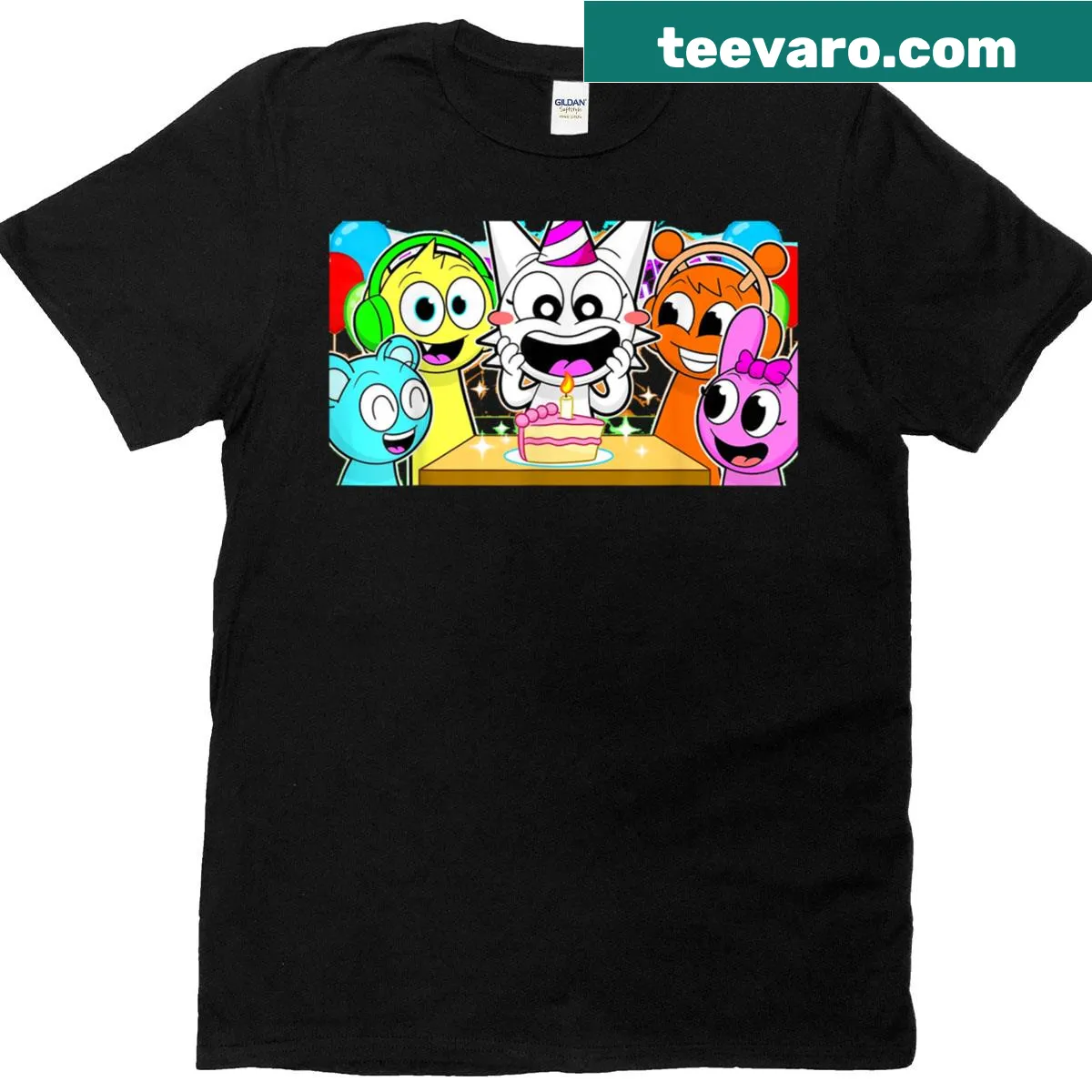 Fun birthday-themed T-shirt featuring Sprunky and friends — on a men's t-shirt