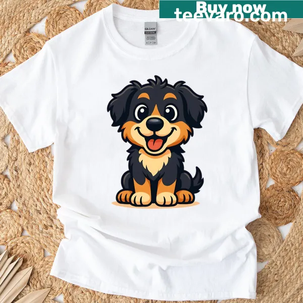 T-shirt featuring an illustration of a happy black and tan puppy