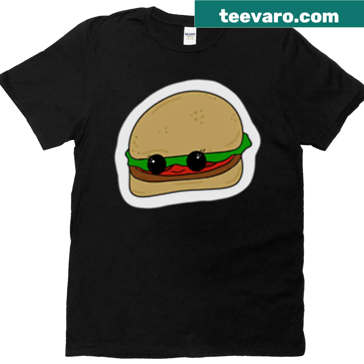 Playful burger graphic on a t-shirt with a smiling face — on a men's t-shirt