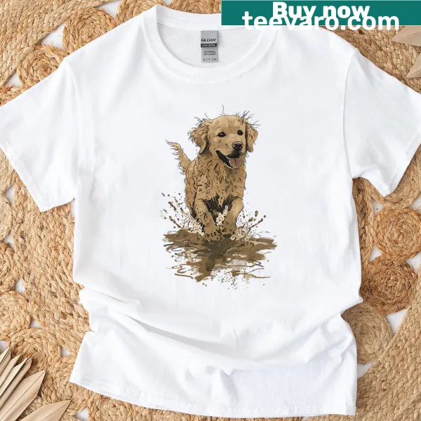 Illustration of a happy golden retriever playing in mud