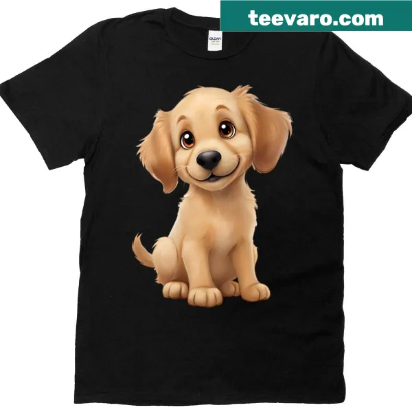 Cute t-shirt featuring a happy golden retriever puppy illustration