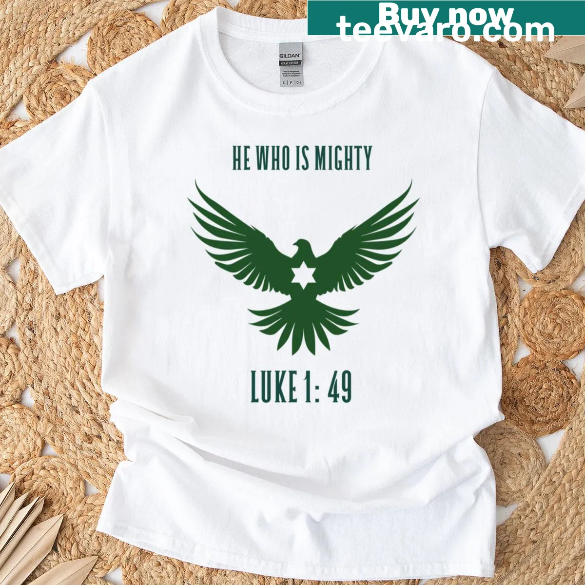 Inspirational shirt with text 'He Who Is Mighty.' — on a men's t-shirt