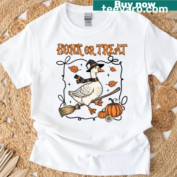 Playful witch graphic with 'Honk Or Treat' text for Halloween.