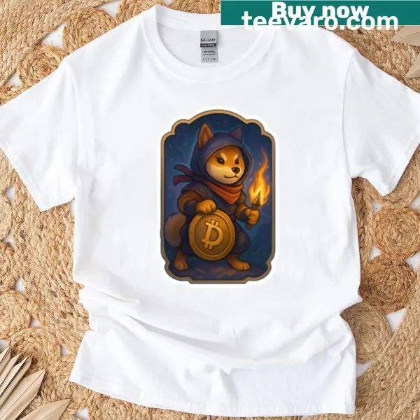 Illustration of a hooded cat mage with a Bitcoin orb graphic on a t-shirt