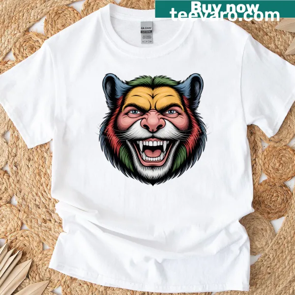 Synthwave style t-shirt featuring a big cat with human eyes