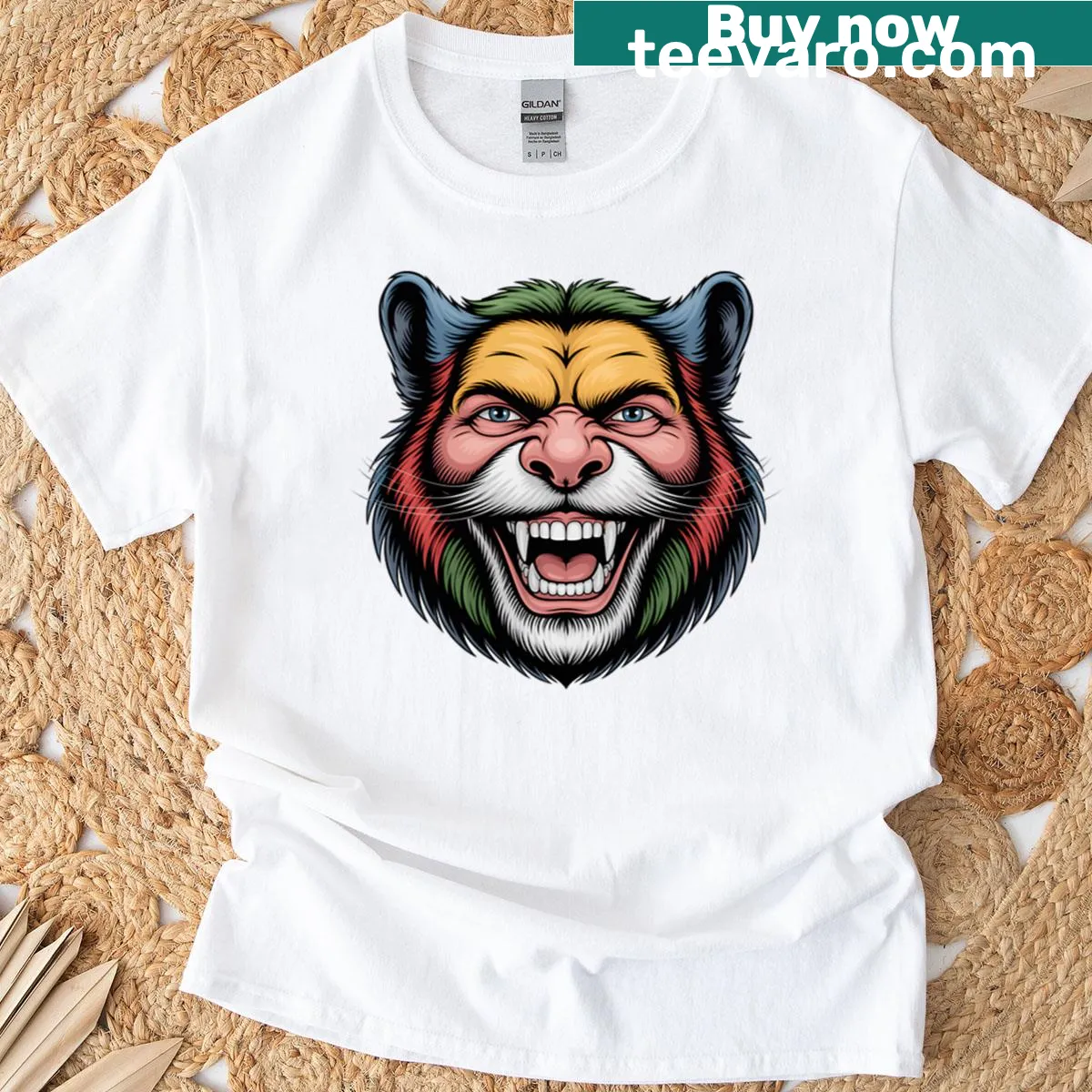 Synthwave style t-shirt featuring a big cat with human eyes — on a men's t-shirt