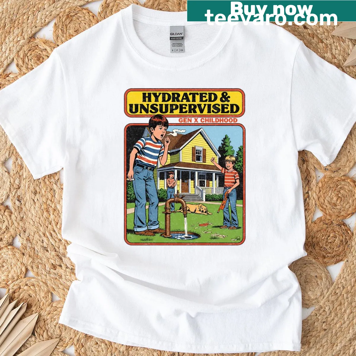 Funny Gen X childhood t-shirt with humorous saying — on a men's t-shirt