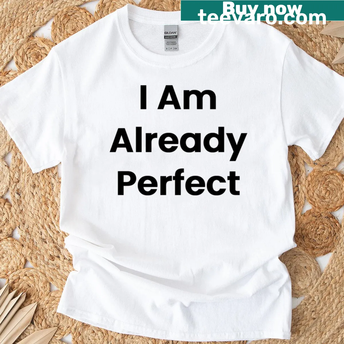 Text t-shirt stating 'I Am Already Perfect' in bold typography — on a men's t-shirt