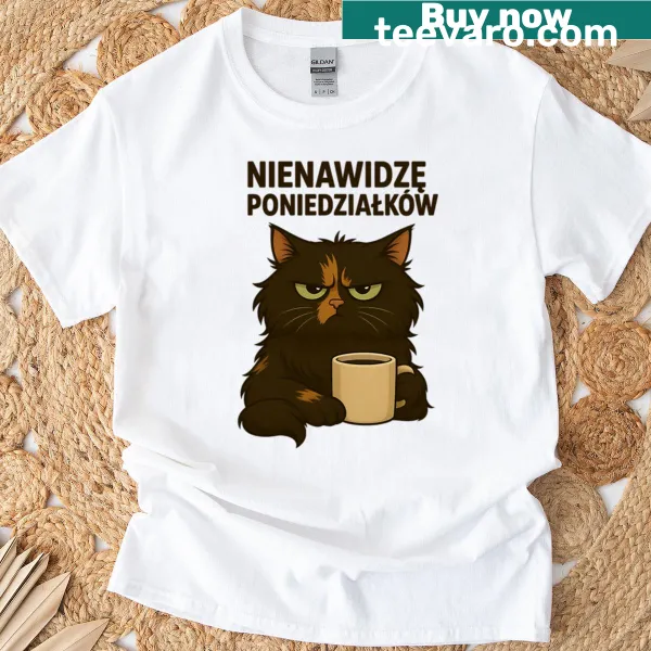 Funny cat-themed t-shirt with the phrase 'I Hate Mondays' and a cat illustration.