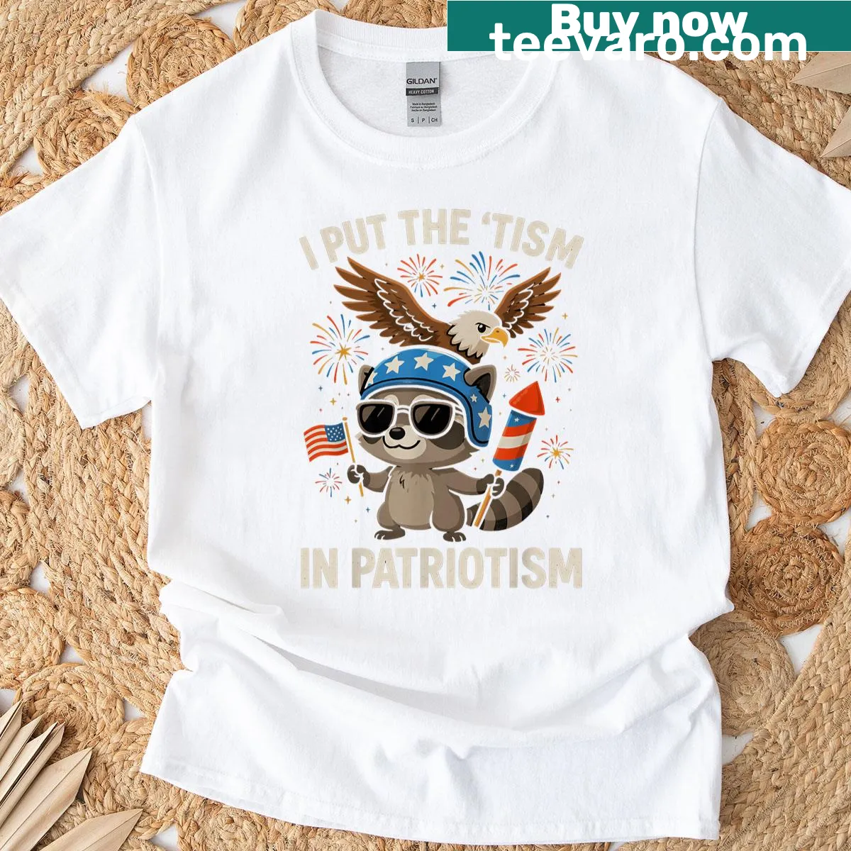 Patriotic T-shirt with eagle illustration and clever text — on a men's t-shirt
