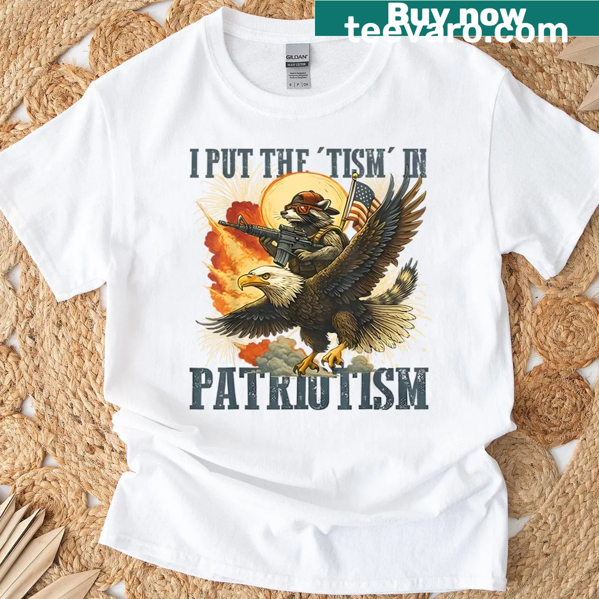 Funny retro t-shirt with eagle, raccoon, and USA flag design — on a men's t-shirt