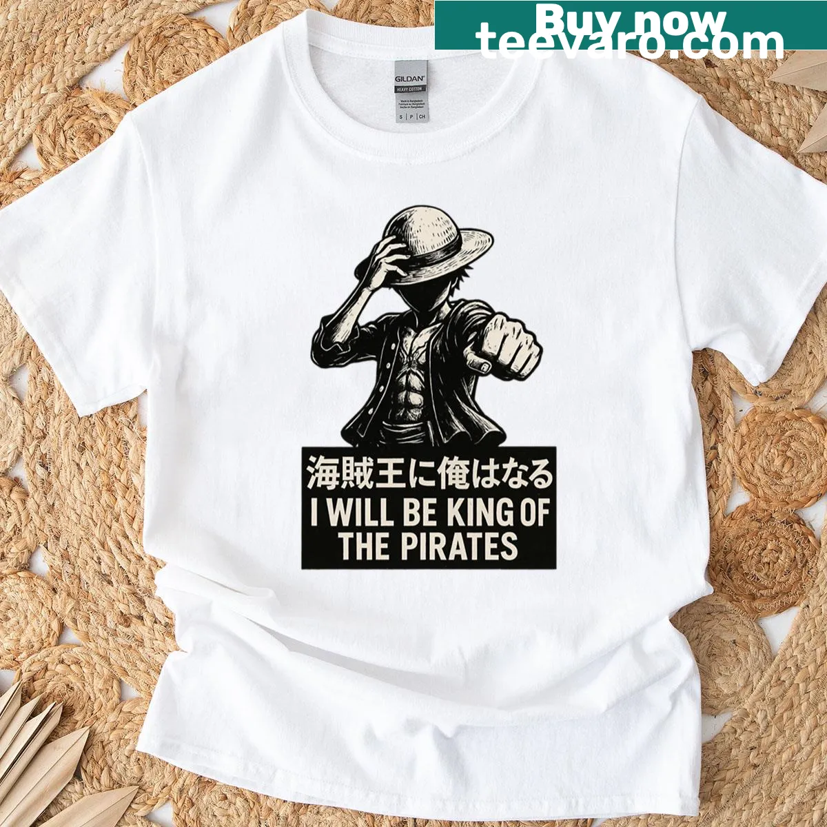 Anime-themed t-shirt with the text 'I Will Be Kings Of The Pirates' — on a men's t-shirt