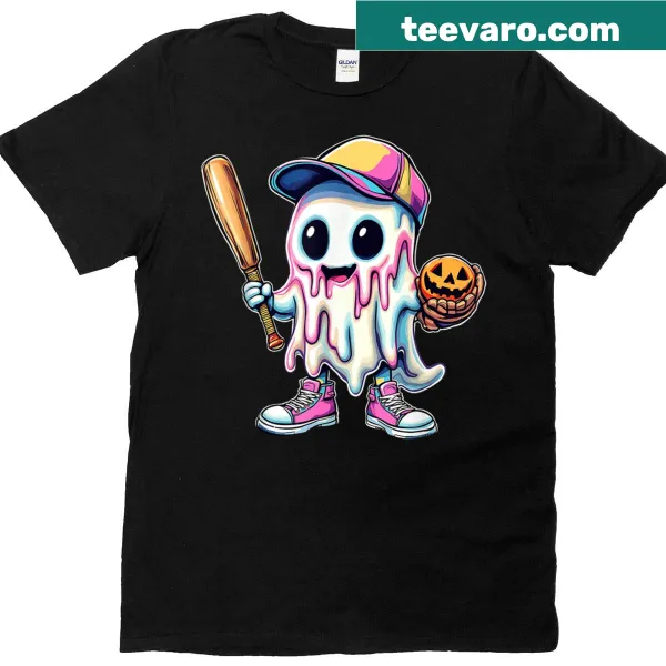 Funny Halloween t-shirt with a ghost dripping ice cream and baseball graphic