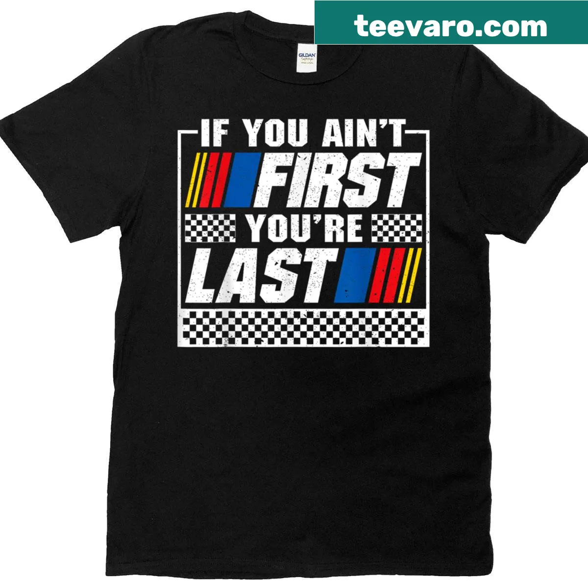 Illustrative T-shirt featuring racing-themed text about being first. — on a men's t-shirt