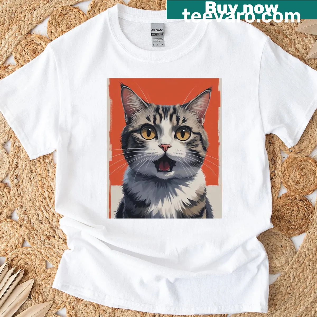 Illustrated tabby cat portrait on a T-shirt — on a men's t-shirt