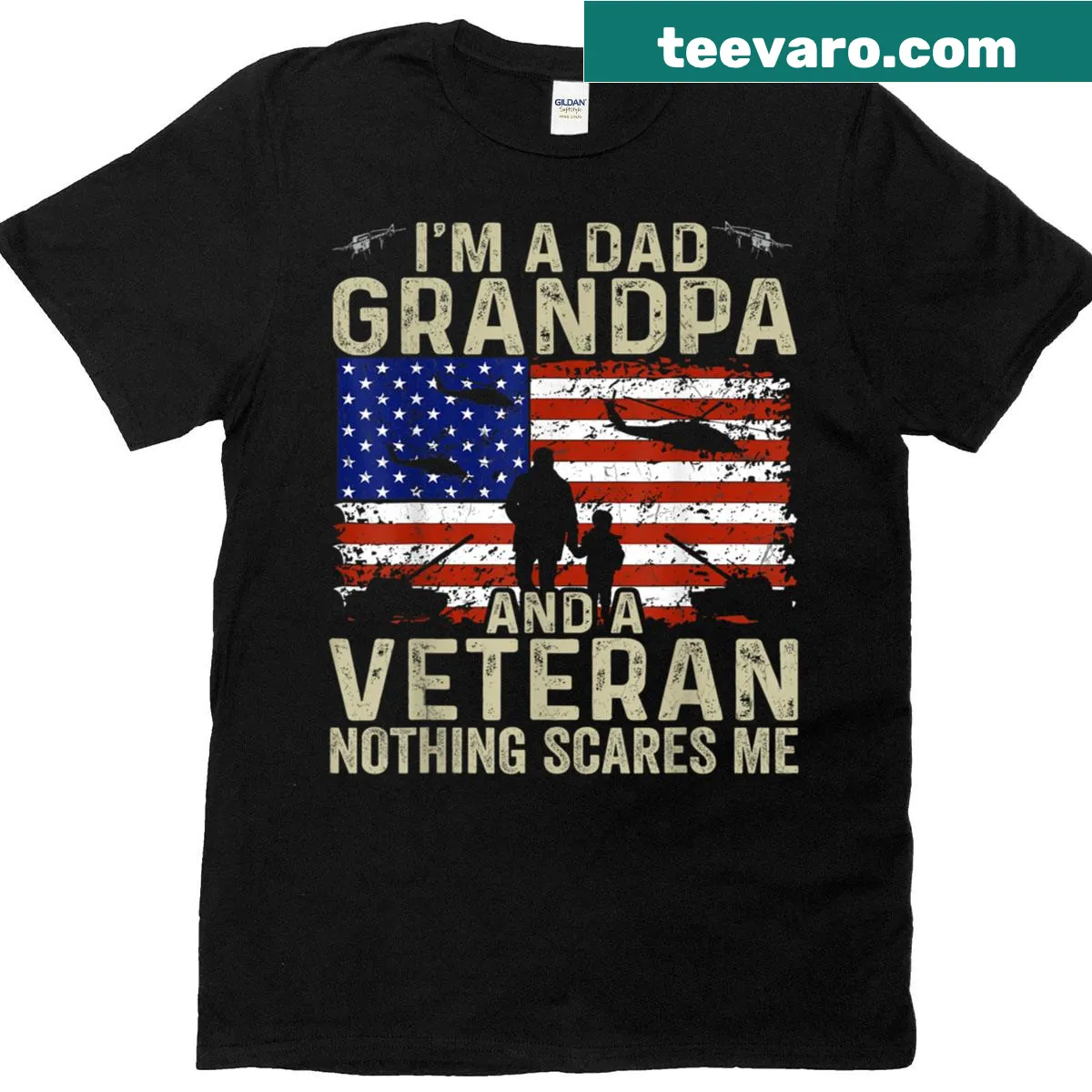Proud t-shirt stating 'I'm A Dad Grandpa And A Veteran' — on a men's t-shirt