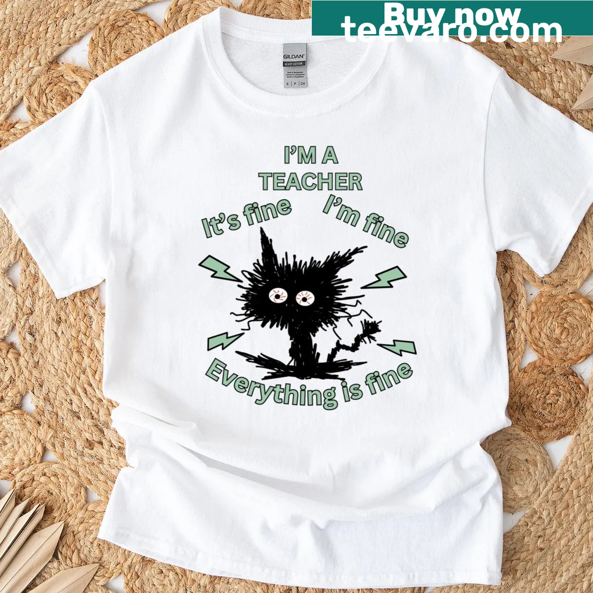 Teacher humor shirt with the text 'Everything Is Fine' in playful typography — on a men's t-shirt