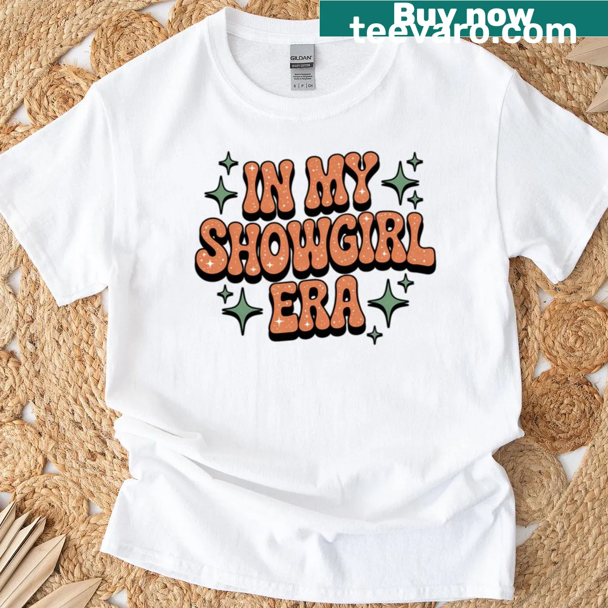 Retro showgirl-themed t-shirt with glittery design — on a men's t-shirt
