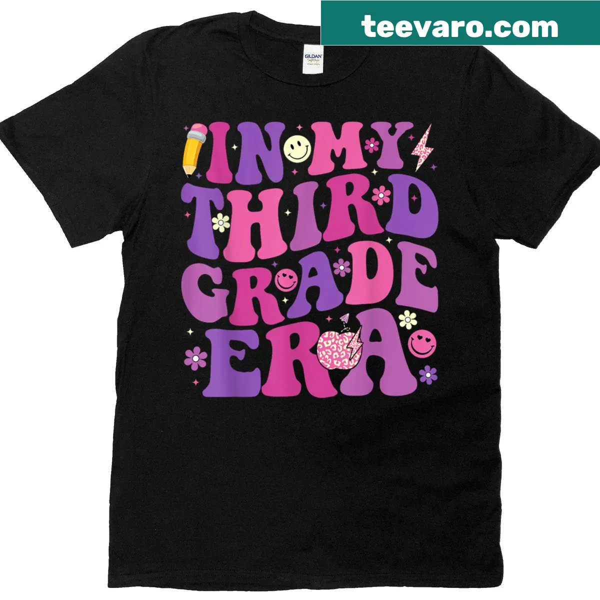 Groovy design celebrating third grade with retro lettering — on a men's t-shirt