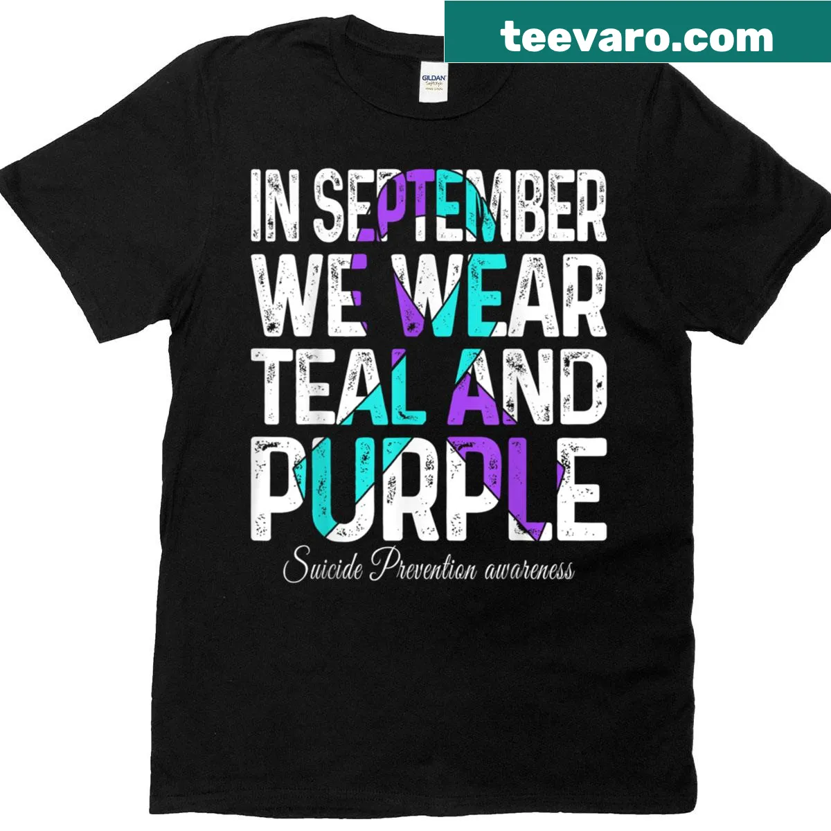 Teal and purple ribbon design promoting suicide prevention awareness. — on a men's t-shirt