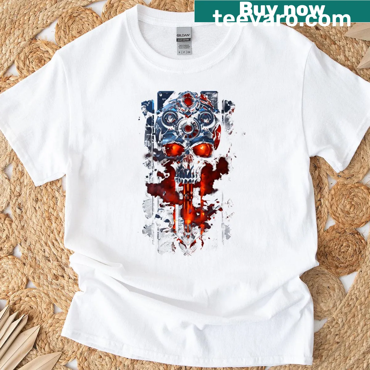 Steampunk skull design with industrial fire elements and mechanics illustration — on a men's t-shirt
