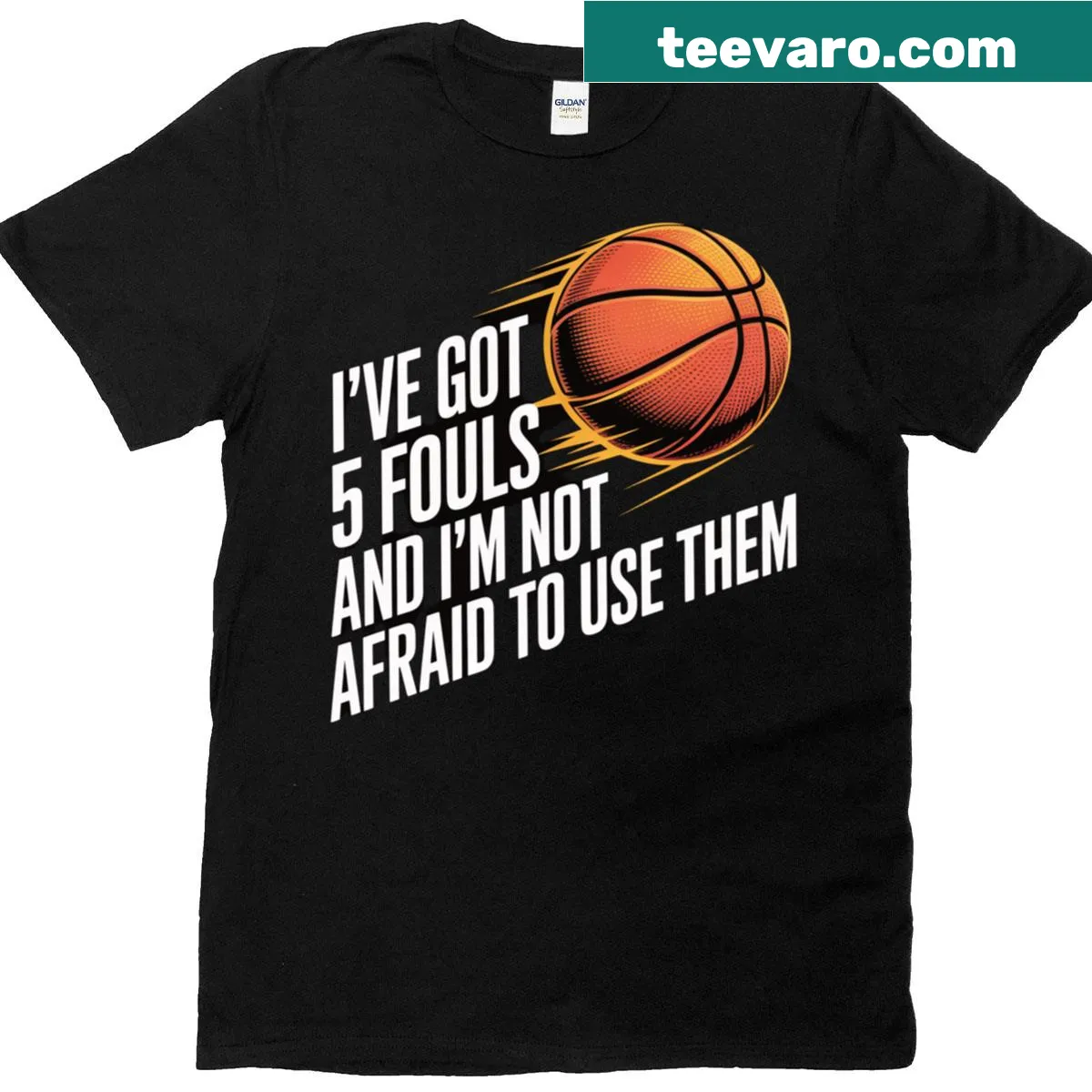 Bold typography basketball T-shirt declaring 5 fouls use — on a men's t-shirt