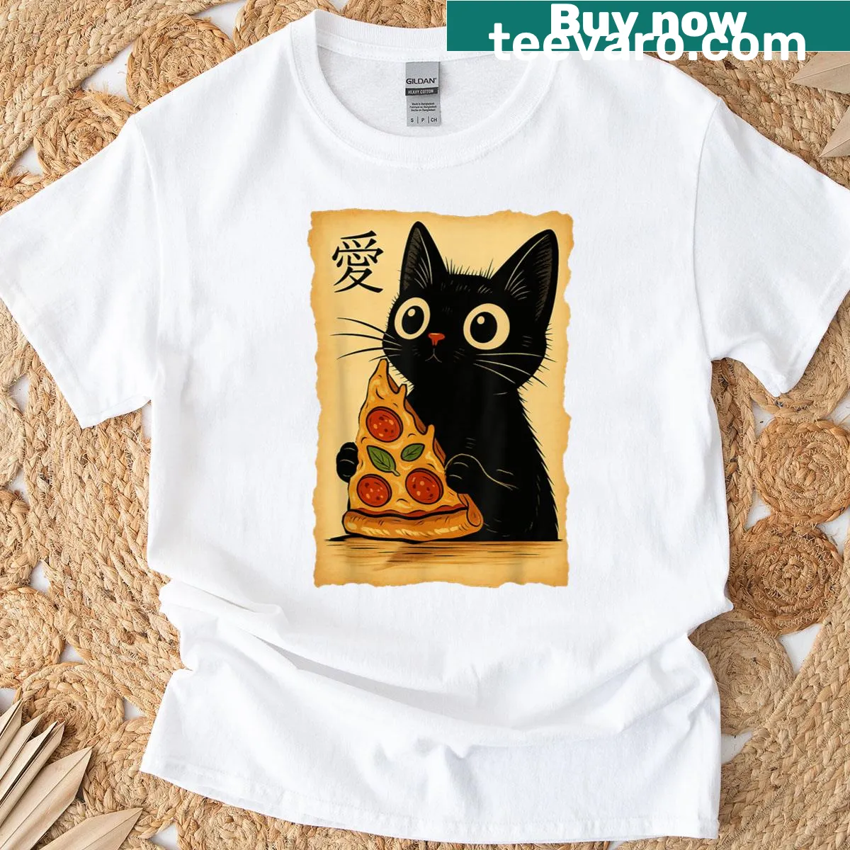 Adorable cat eating pizza in a kawaii style on a T-shirt. — on a men's t-shirt