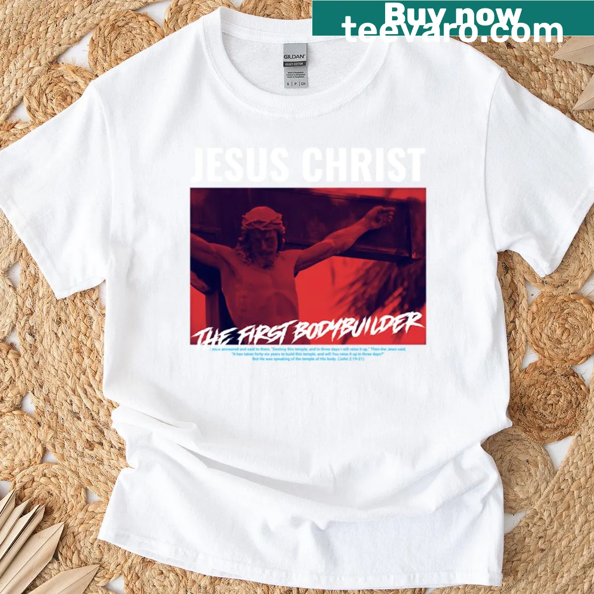 Duotone illustration of Jesus Christ as a bodybuilder on a T-shirt. — on a men's t-shirt