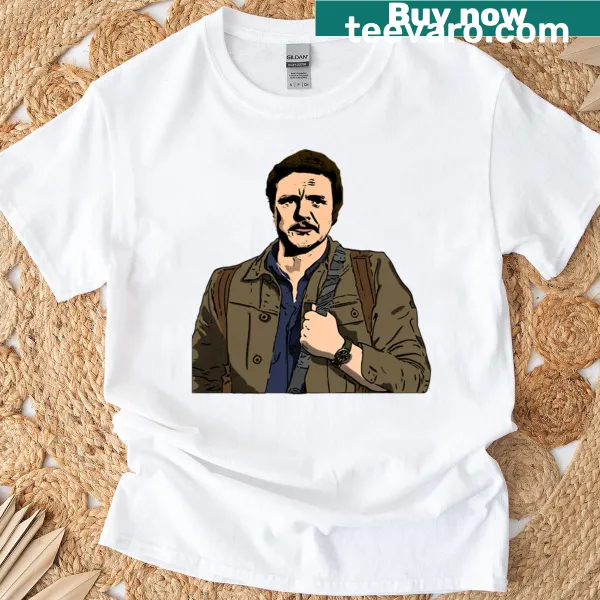 Cartoon graphic of Joel Miller from a video game on a t-shirt