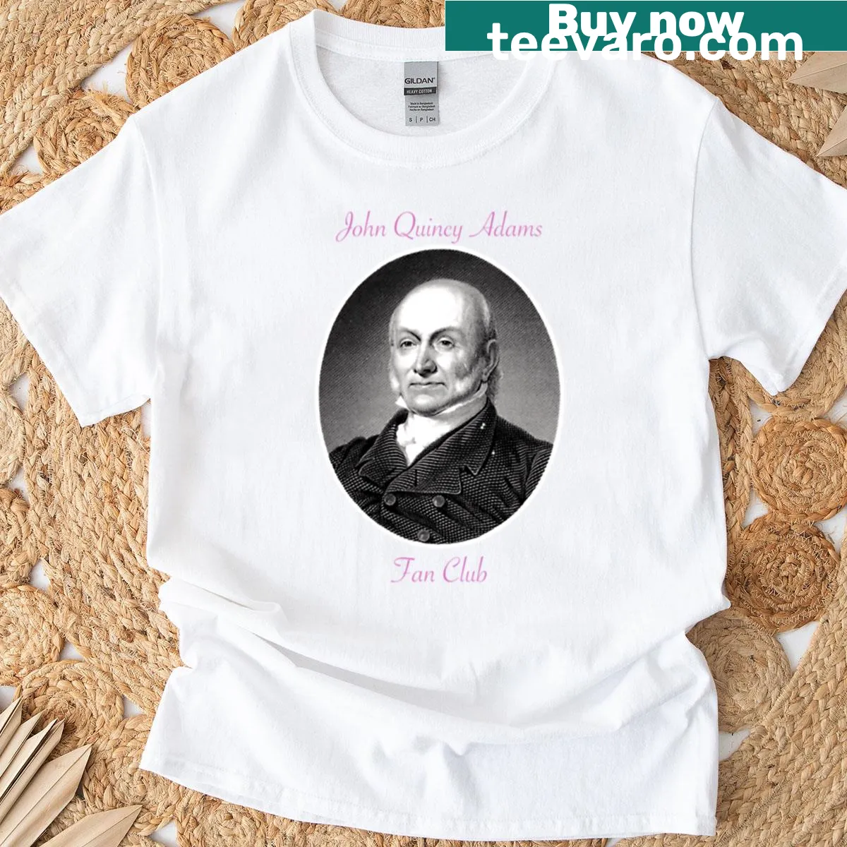 John Quincy Adams Fan Club T-shirt with bold typography — on a men's t-shirt