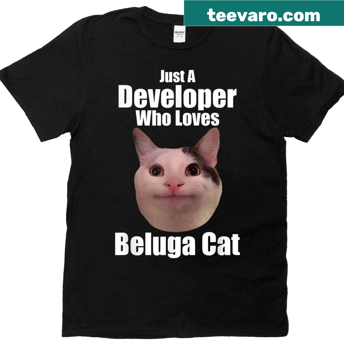 Funny developer t-shirt with beluga cat meme — on a men's t-shirt