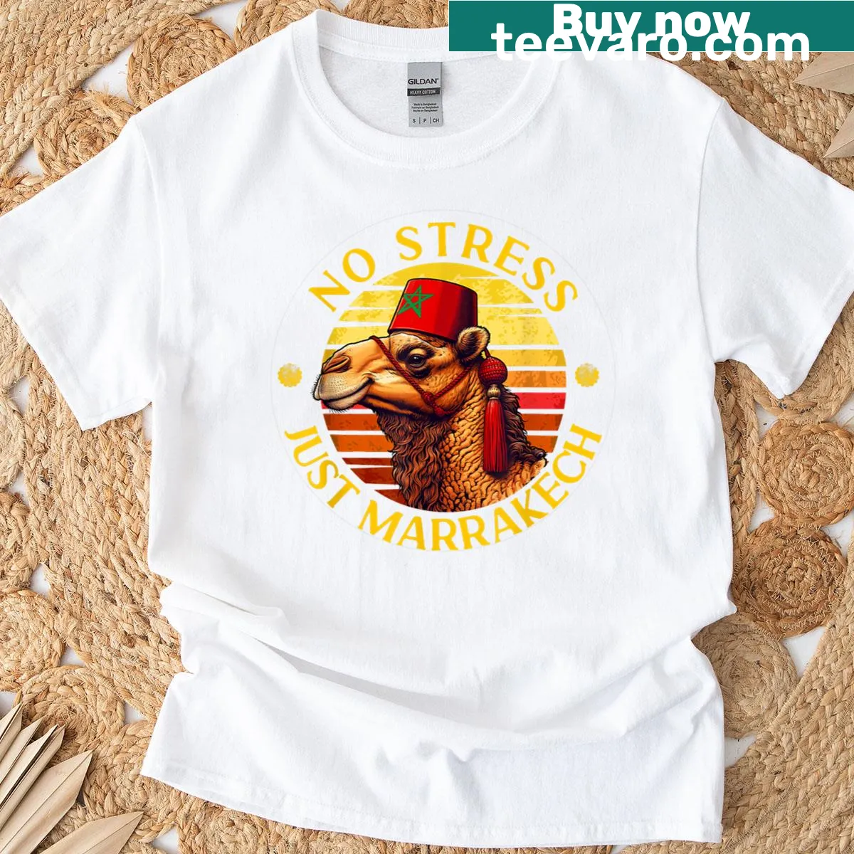Marrakech-themed T-shirt with camel silhouette and sunset illustration — on a men's t-shirt