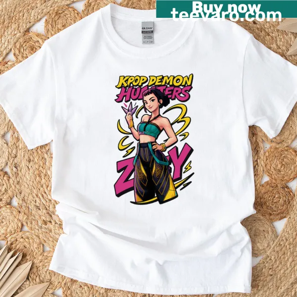 Illustrated K-pop demon hunter Zoey design on T-shirt.