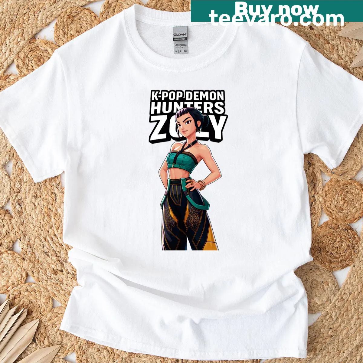 K-pop Demon Hunters Zoey character illustration T-shirt — on a men's t-shirt