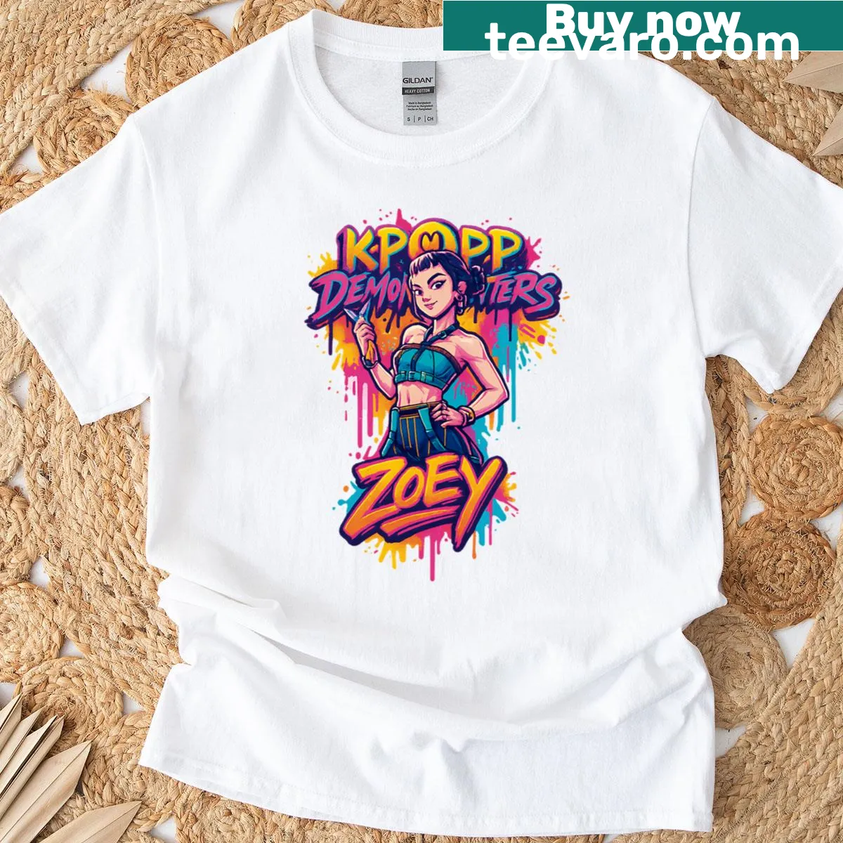 K-pop Demon Hunters Zoey character graphic on a T-shirt — on a men's t-shirt