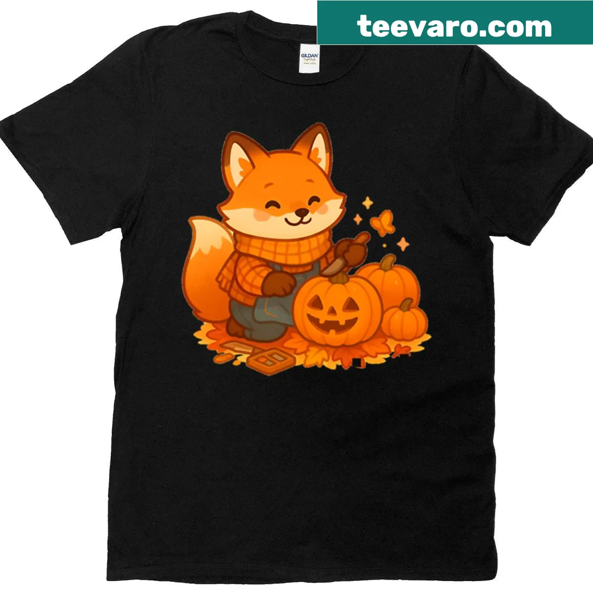 Cute autumn illustration of a fox carving pumpkins for Halloween — on a men's t-shirt