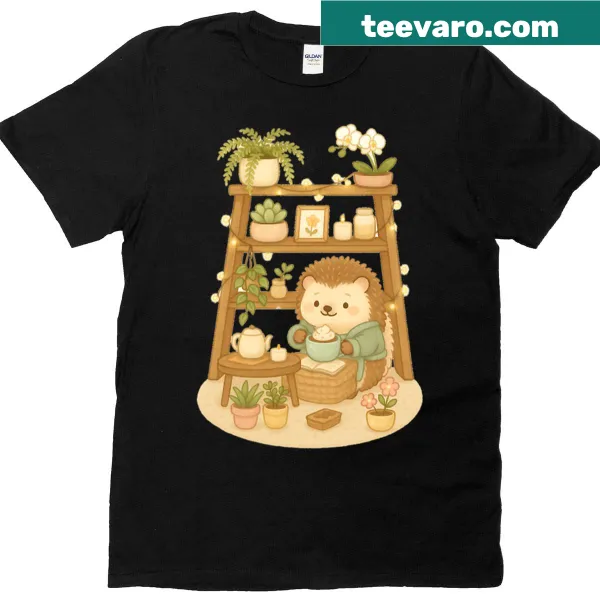 Kawaii hedgehog in a plant corner illustration on a cute t-shirt