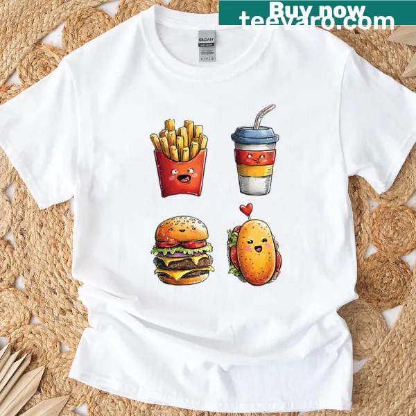 Cute cartoon food doodles on a Kawaii style T-shirt