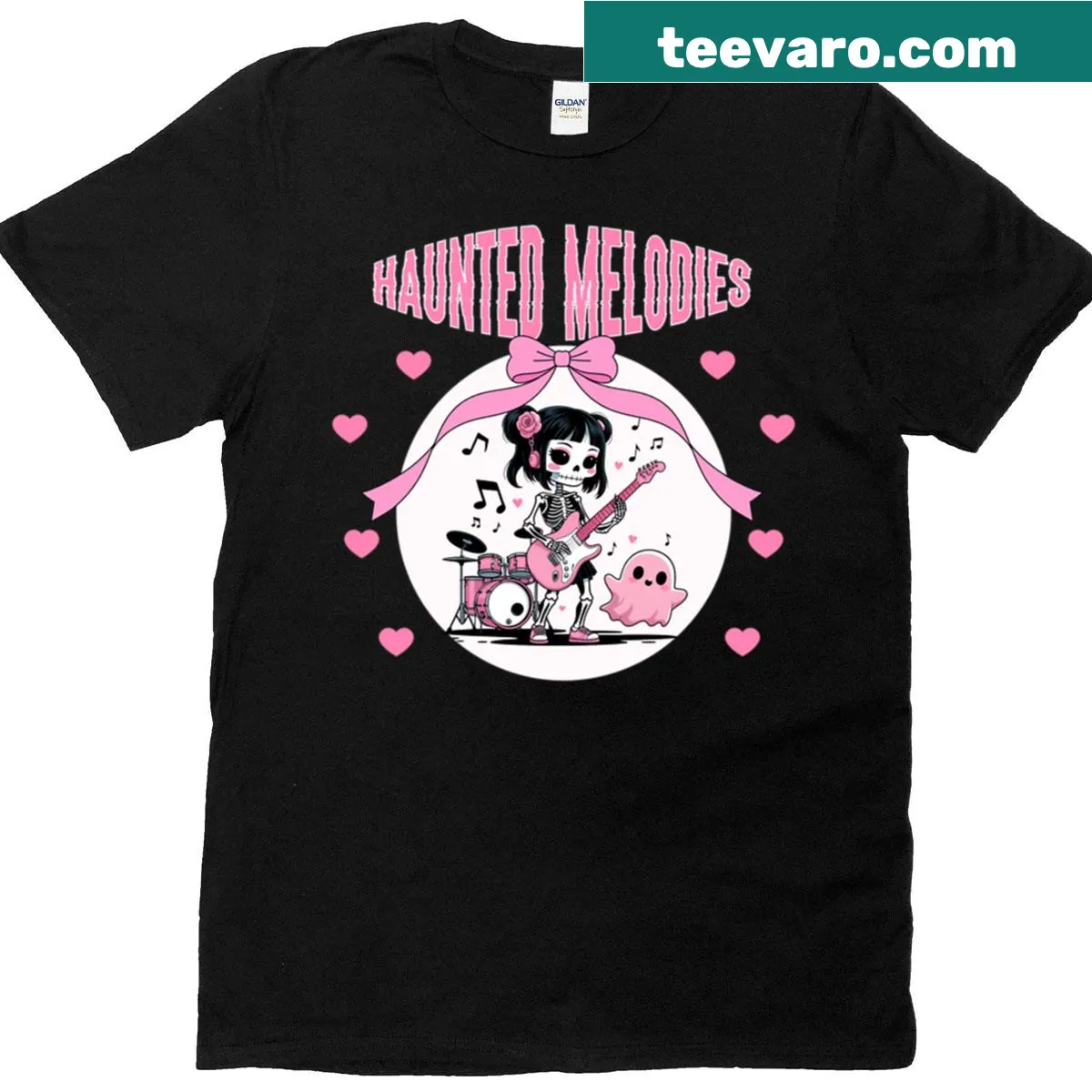 Kawaii skeleton musician graphic with pastel colors and musical notes — on a men's t-shirt