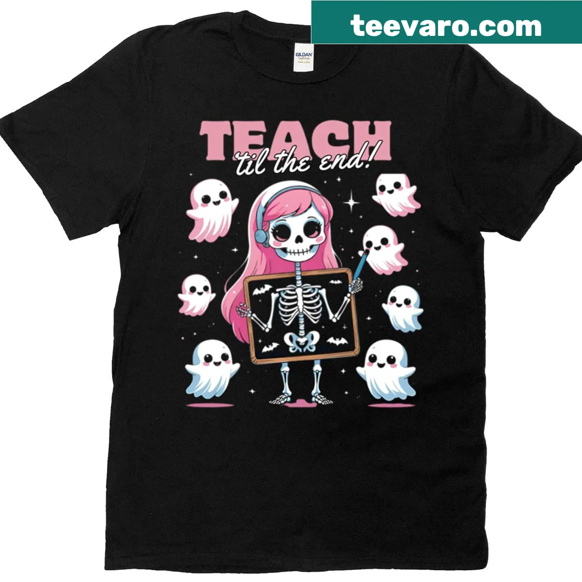 Kawaii skeleton teacher illustration with the phrase 'Teach Til The End' — on a men's t-shirt